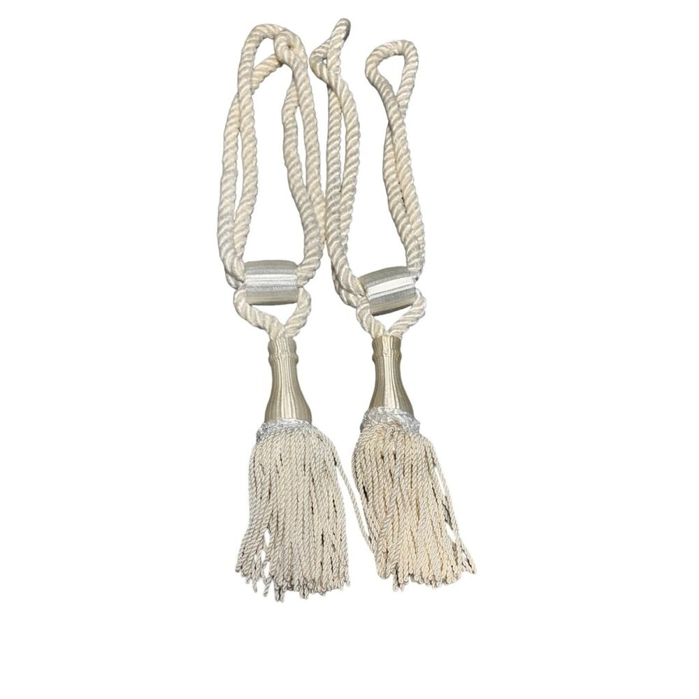 Vintage Ivory Curtain Tie Backs Pair with Tassels 17" Long Decorative Rope Holdb